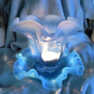 1930s Duncan & Miller Blue Opalescent Canterbury Rose Bowl-Vase w Fenton Coaster